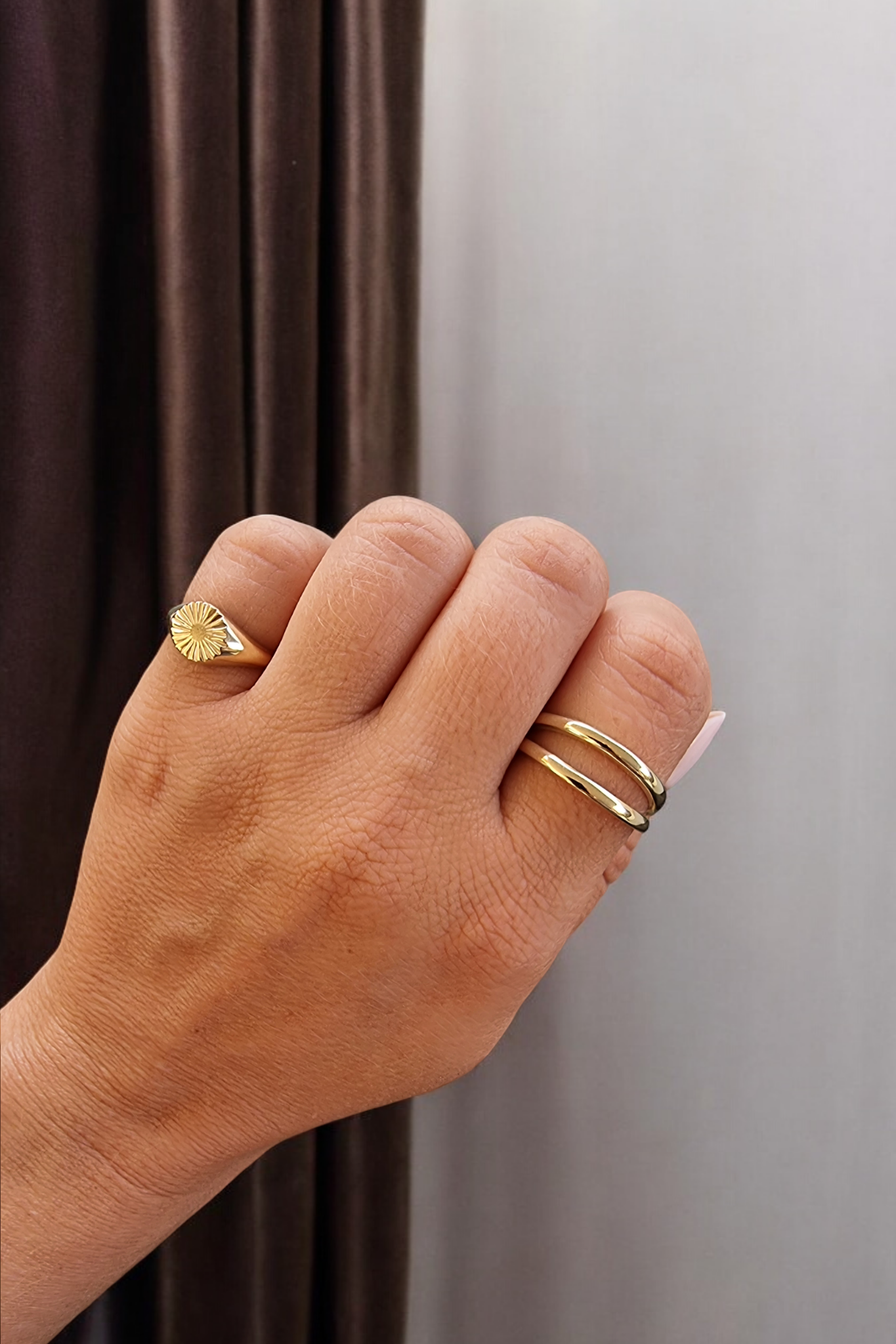 14k Solid Gold Sun Signet Ring for Women and a double row ring