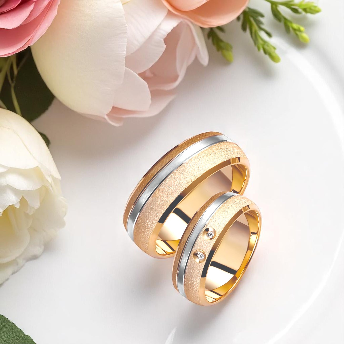 Thick Two-Tone Wedding Bands Set with Diamonds