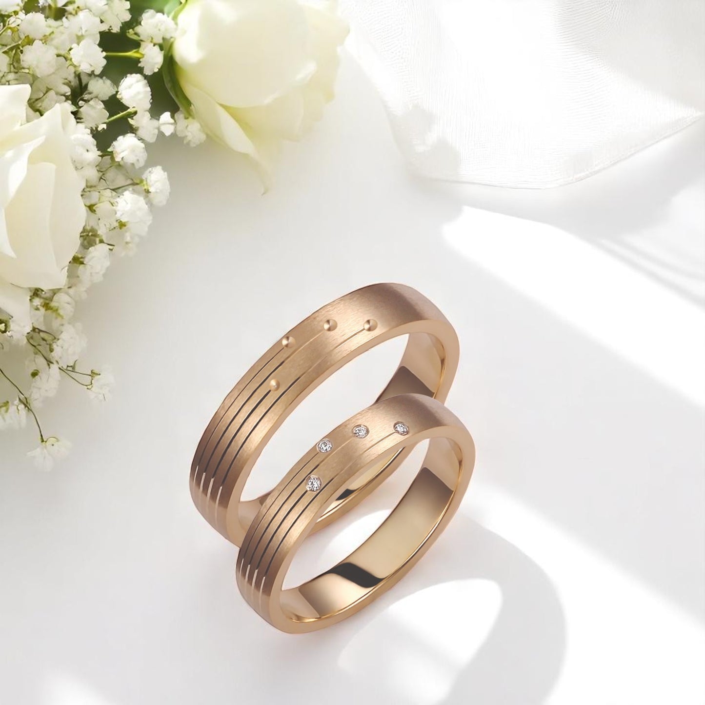Brushed 4mm Diamond Wedding Bands Set