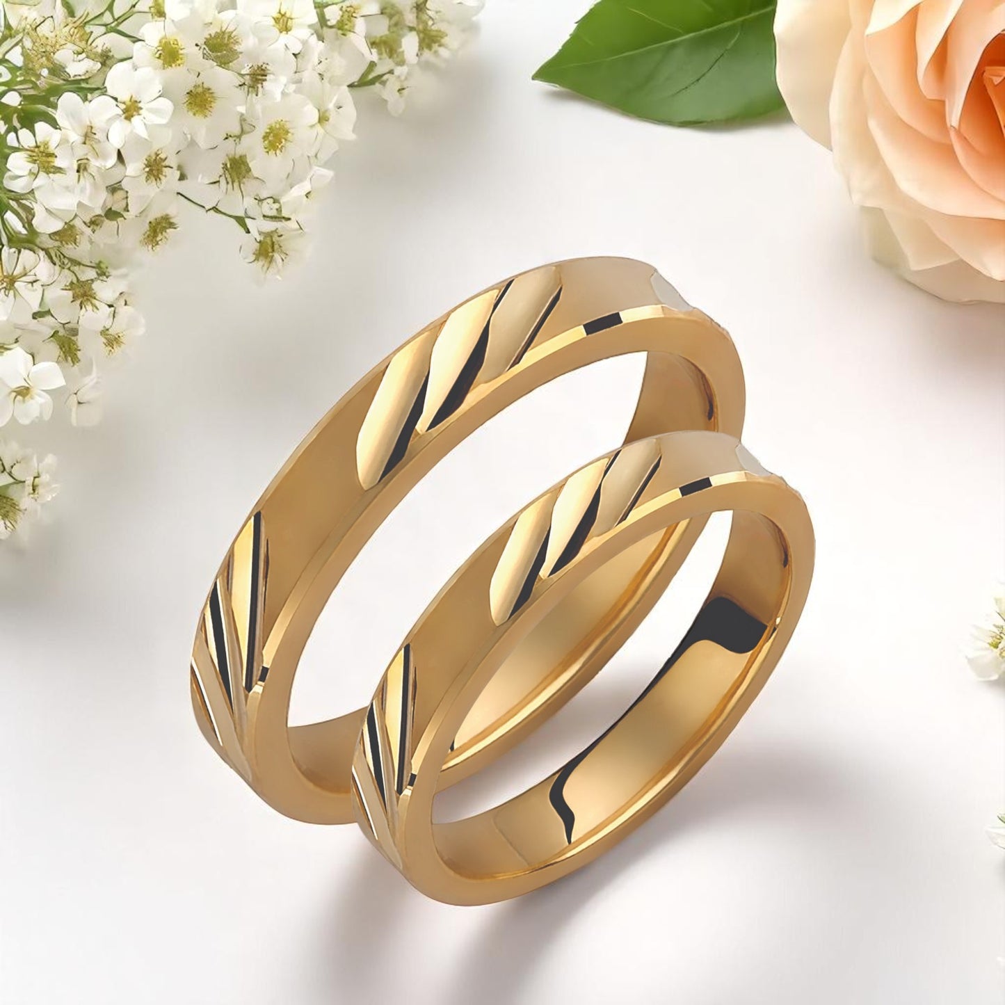 Engraved Gold Wedding Band Set: Matching 3.5mm 9k-18k Gold Rings