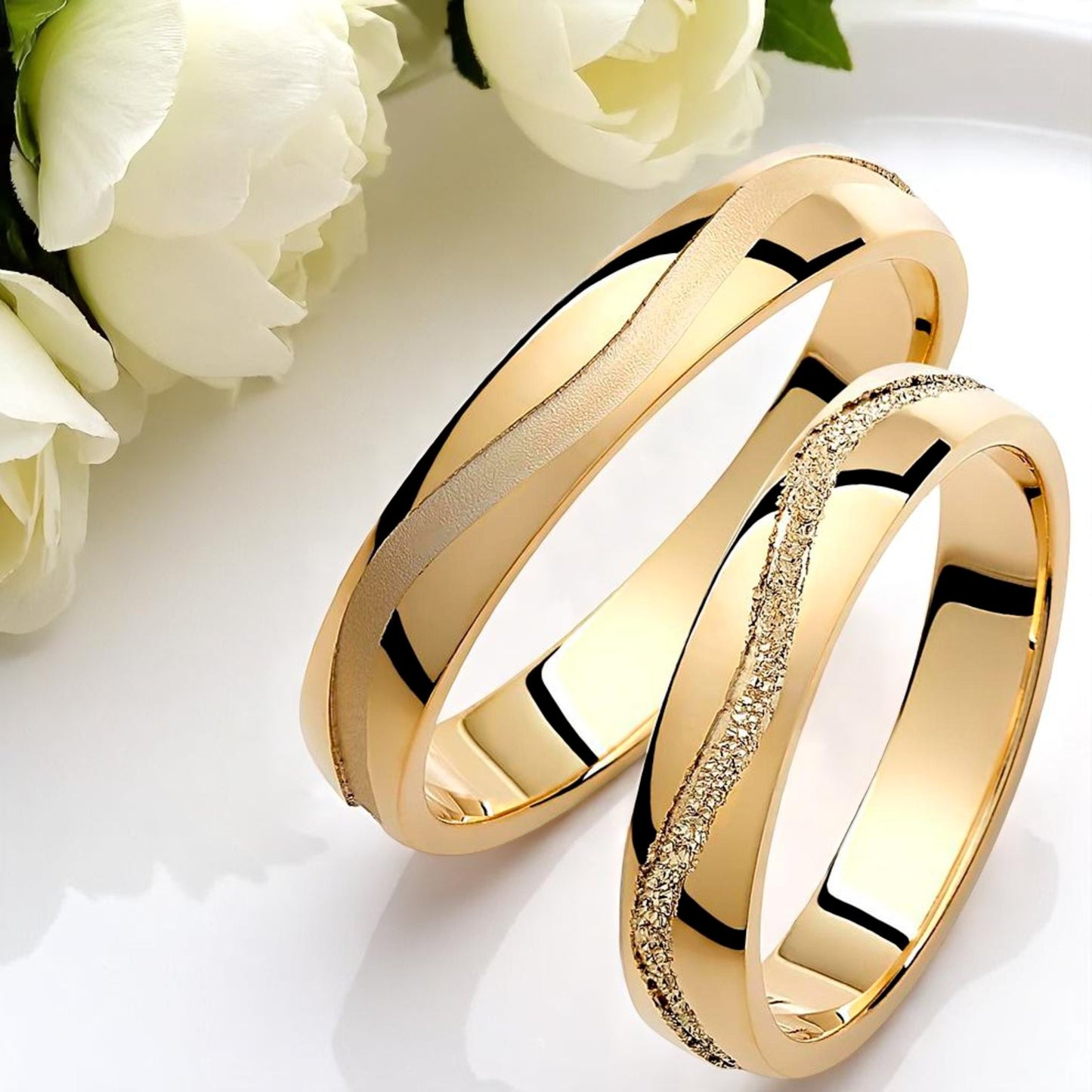 Wavy 4mm Wedding Bands Set