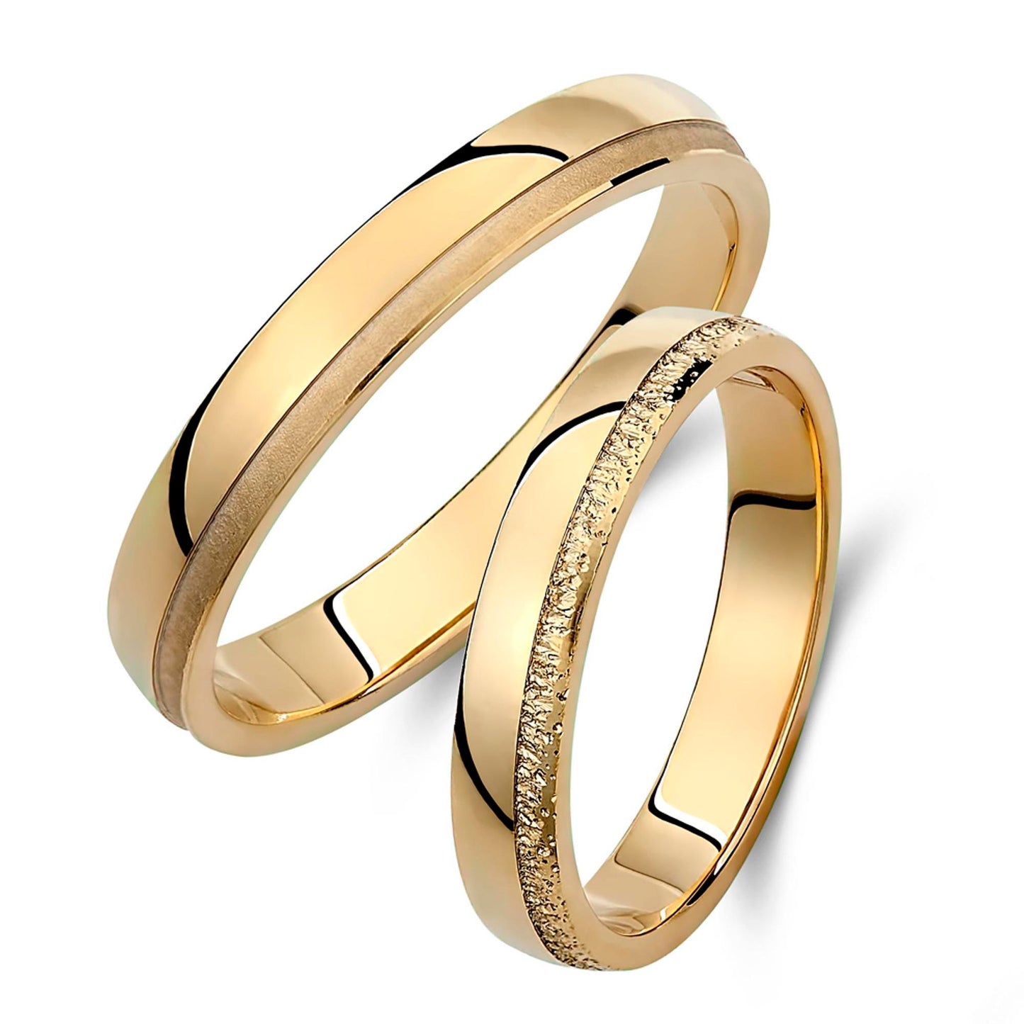 Matching Gold Wedding Band Set: Diamond-Cut & Brushed, His and Hers, 3.5mm