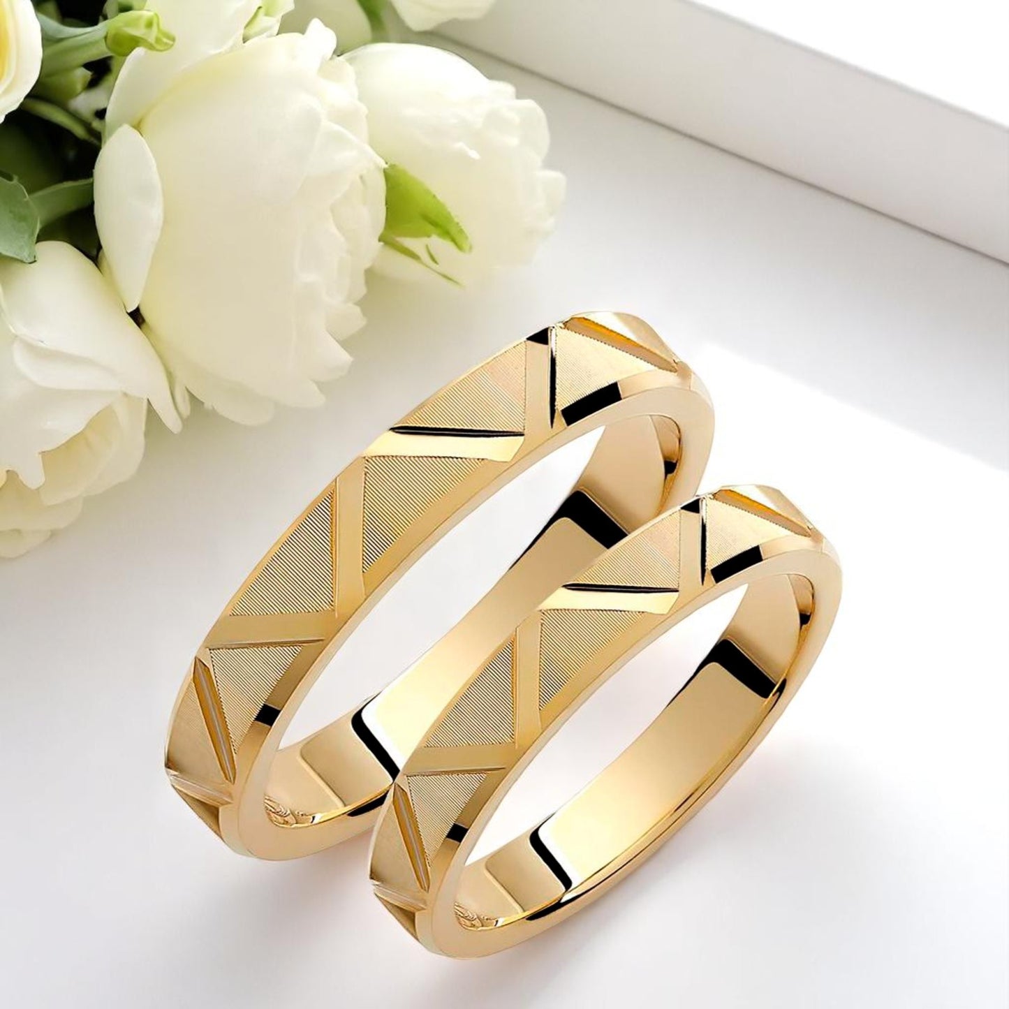 Solid Gold 3.5mm Wedding Bands Set with Tiangles