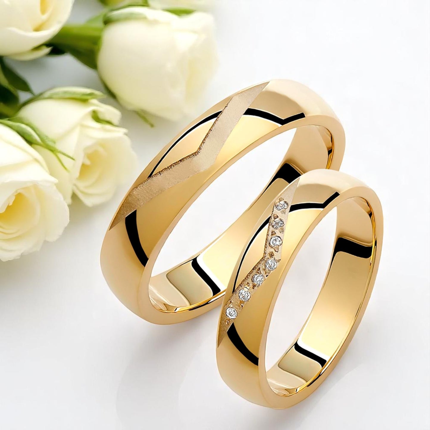 V-Shaped 4mm Diamond Wedding Bands Set