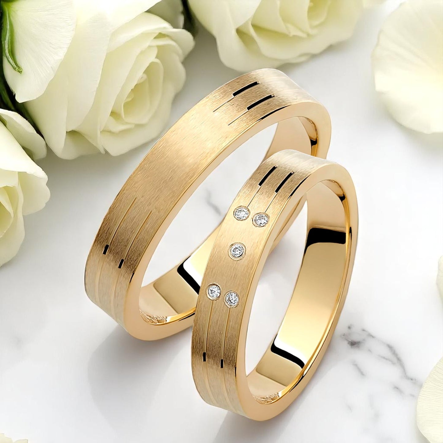 Brushed 4mm Diamond Wedding Bands Set
