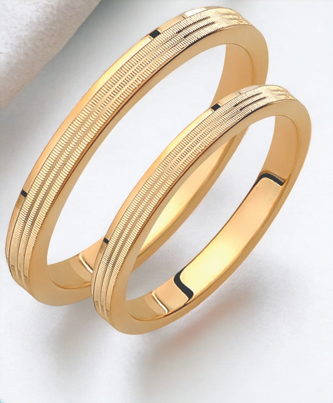 Minimalist Ribbed Wedding Band Set: 9K/14K/18K Gold Matching Rings