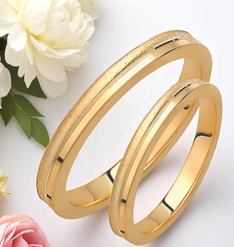 Gold Wedding Bands Set – Matching His-Hers Rings with Brushed & Glossy Finish