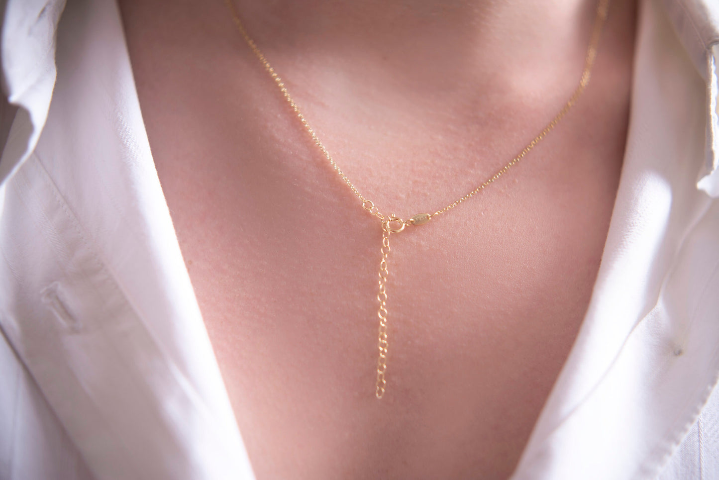 14k gold spring ring clasp for a necklace with a 5cm extender worn by a model