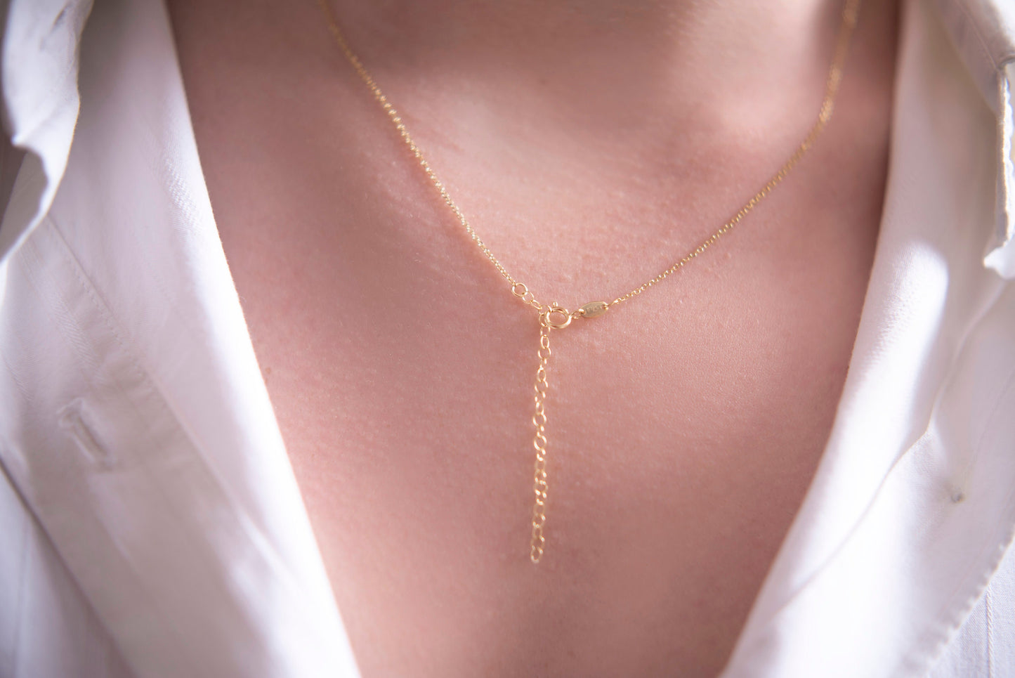 14k gold spring ring clasp for a necklace with a 5cm extender worn by a model