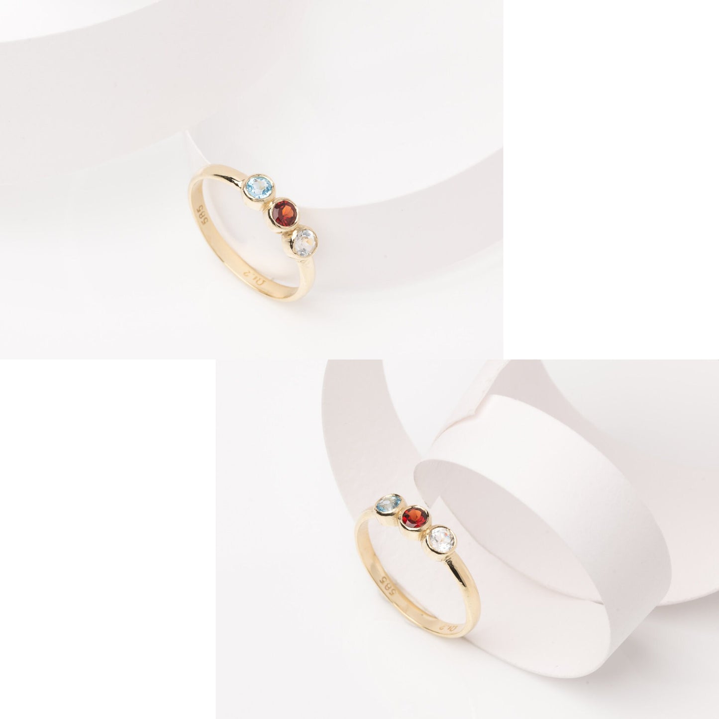 A handmade ring featuring three birthstones set in a bezel, crafted in 14k solid gold.
