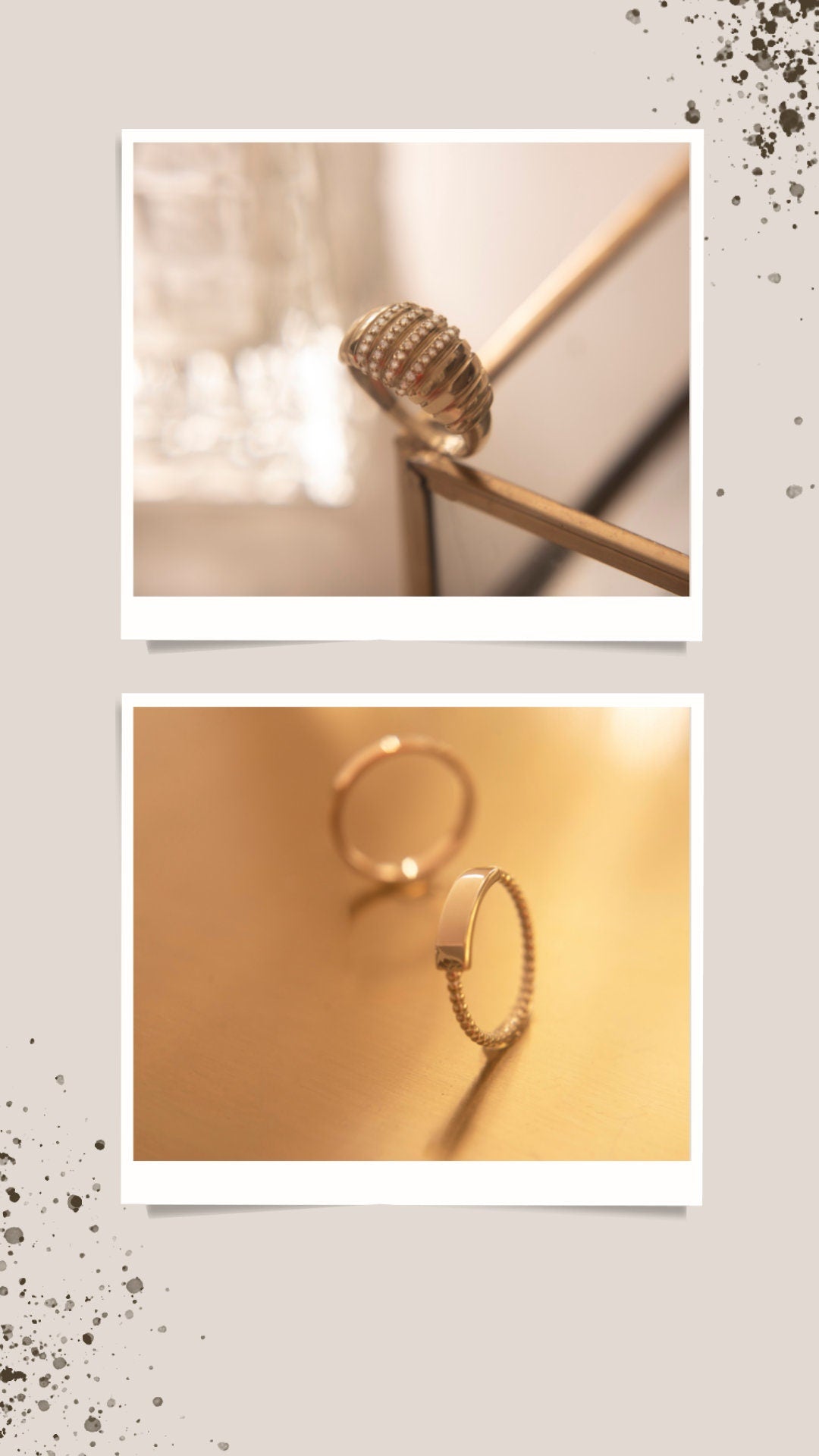 A Croissant Ring adorned with white cubic zirconia stones, set in 14k gold for women and a bar beaded ring