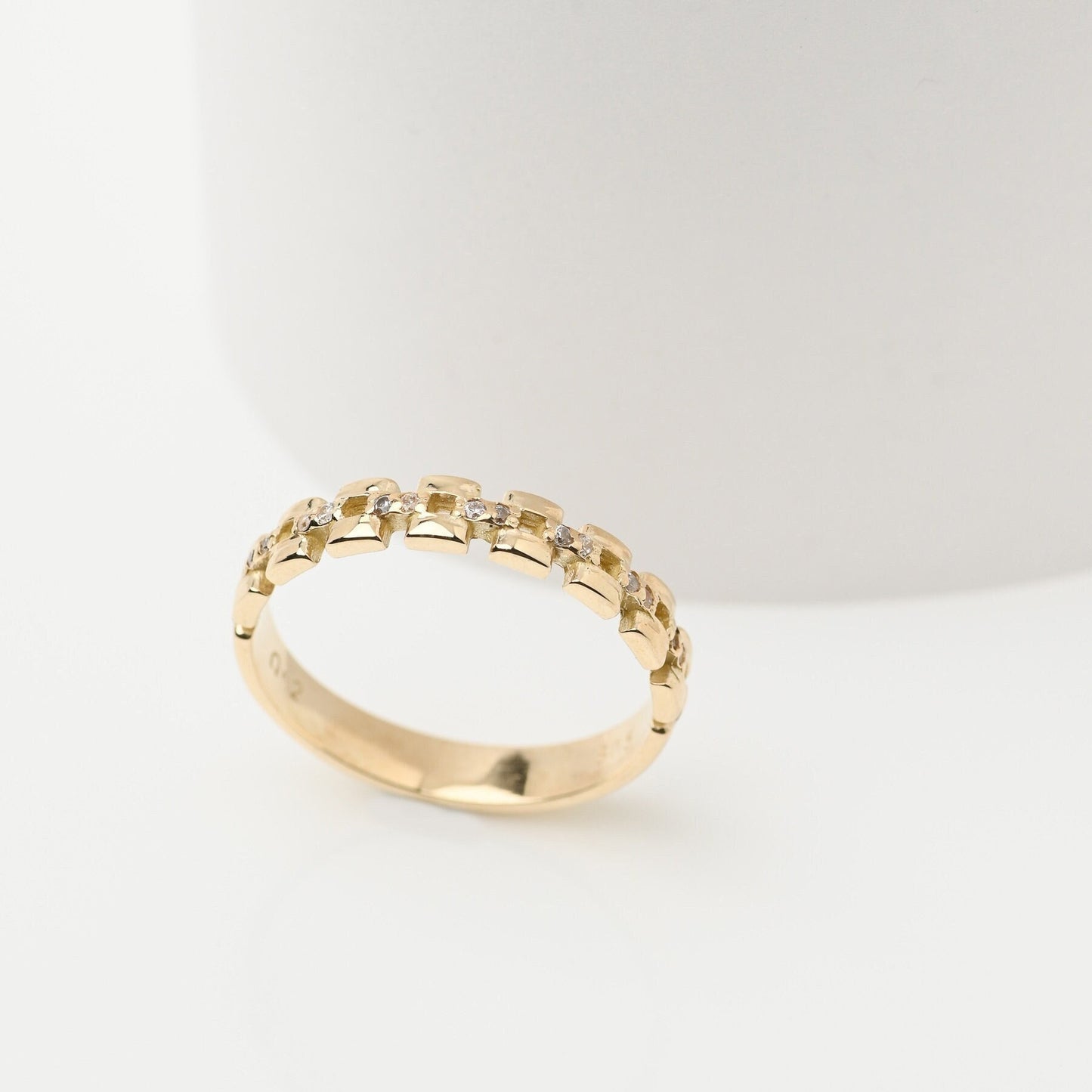Handcrafted Cuban Link Chain Ring in 14k gold, adorned with white cubic zirconia stones, designed for women.