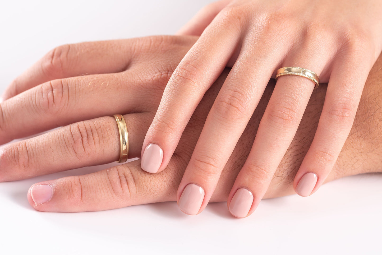 Textured 14k Gold Wedding Band Set - His & Hers Minimalist Rings