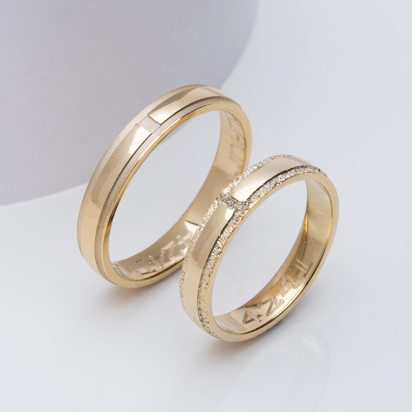 Textured 14k Gold Wedding Band Set - His & Hers Minimalist Rings