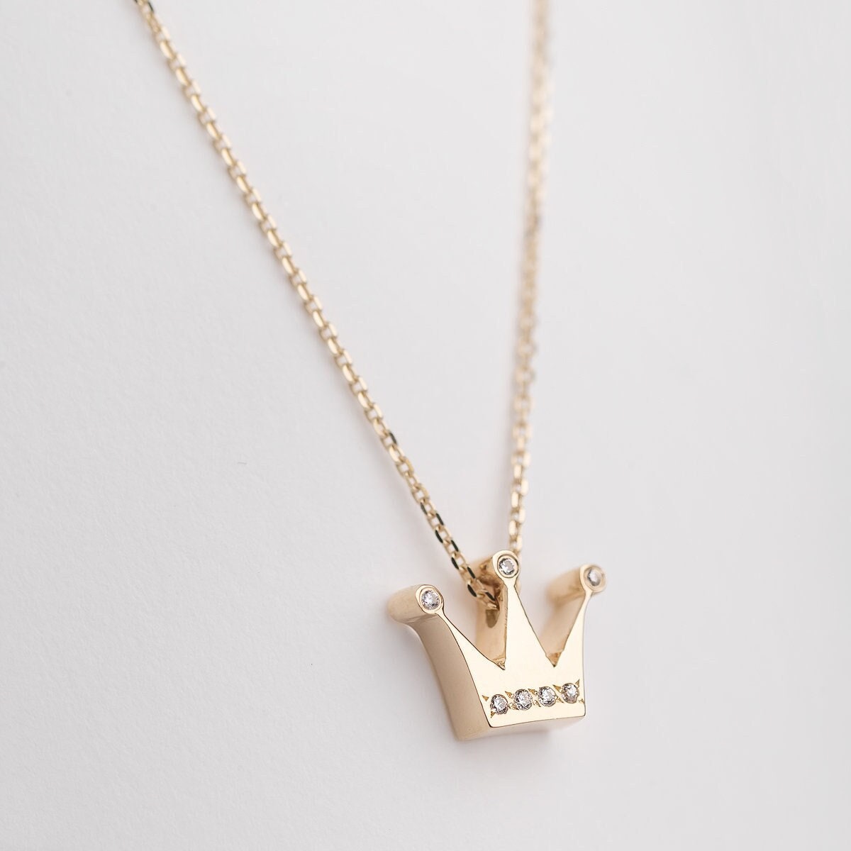 Dainty 14k Gold Crown Necklace: Cubic Zirconia Princess Pendant