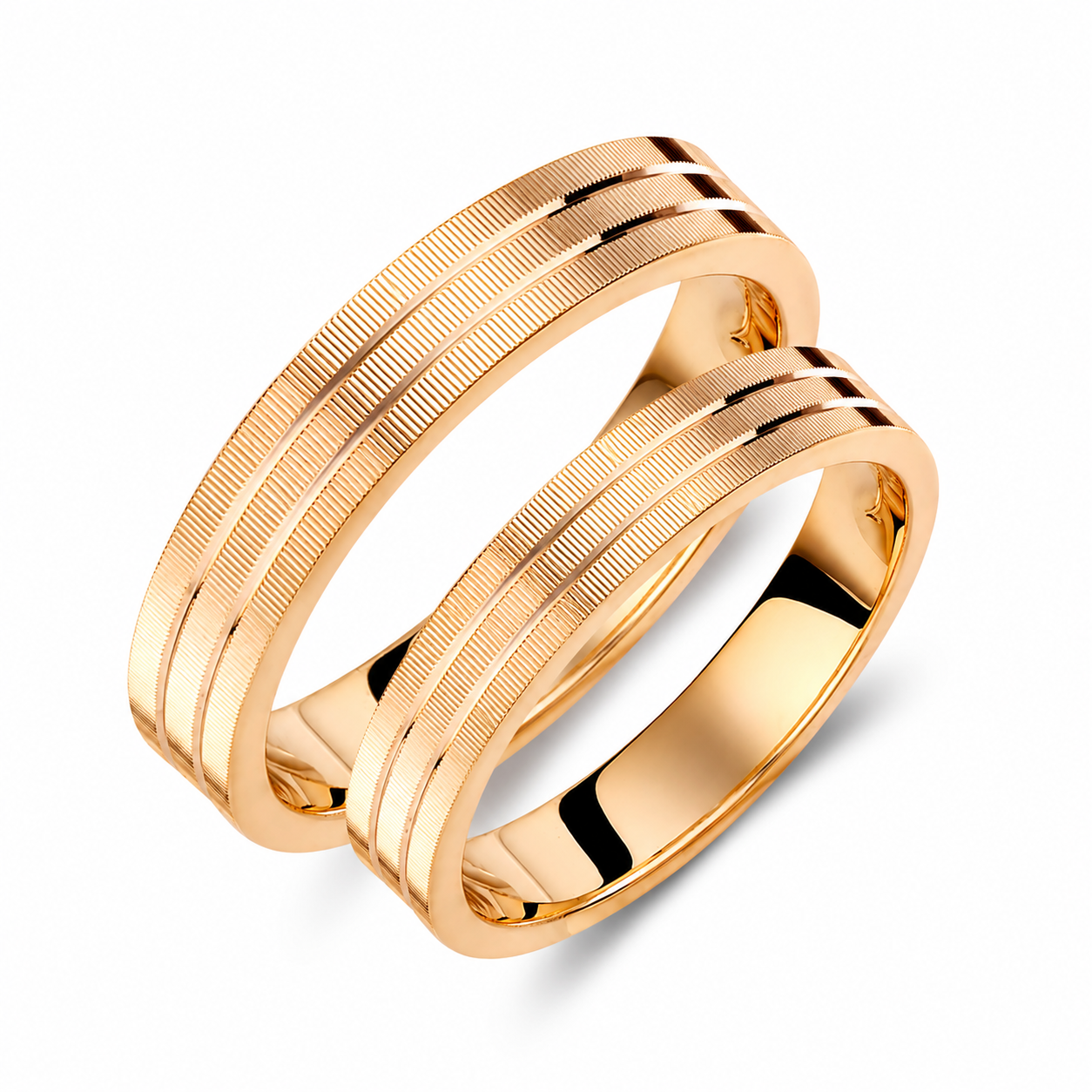 14k Gold Wedding Band Set: Minimalist Triple Line Rings, His & Hers