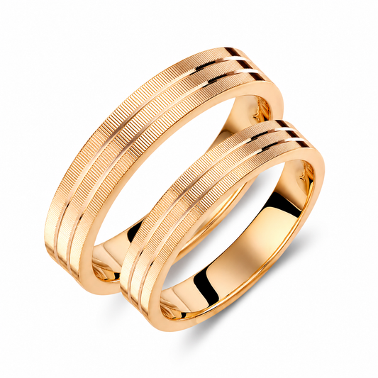 14k Gold Wedding Band Set: Minimalist Triple Line Rings, His & Hers