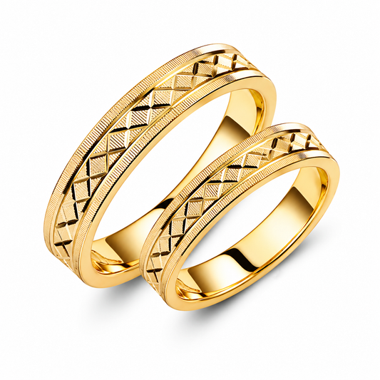 Ribbed 14k Gold Wedding Band Set: His & Hers Diamond Pattern Rings