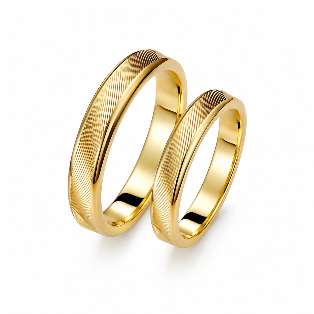 Ribbed 14k Gold Wedding Band Set - Minimalist Brushed Gold Rings