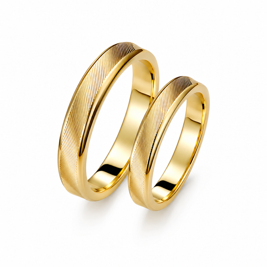 Ribbed 14k Gold Wedding Band Set - Minimalist Brushed Gold Rings