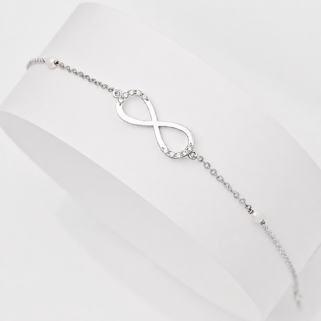 14K White Gold Infinity Bracelet: Pearl & Cubic Zirconia Eternity Symbol