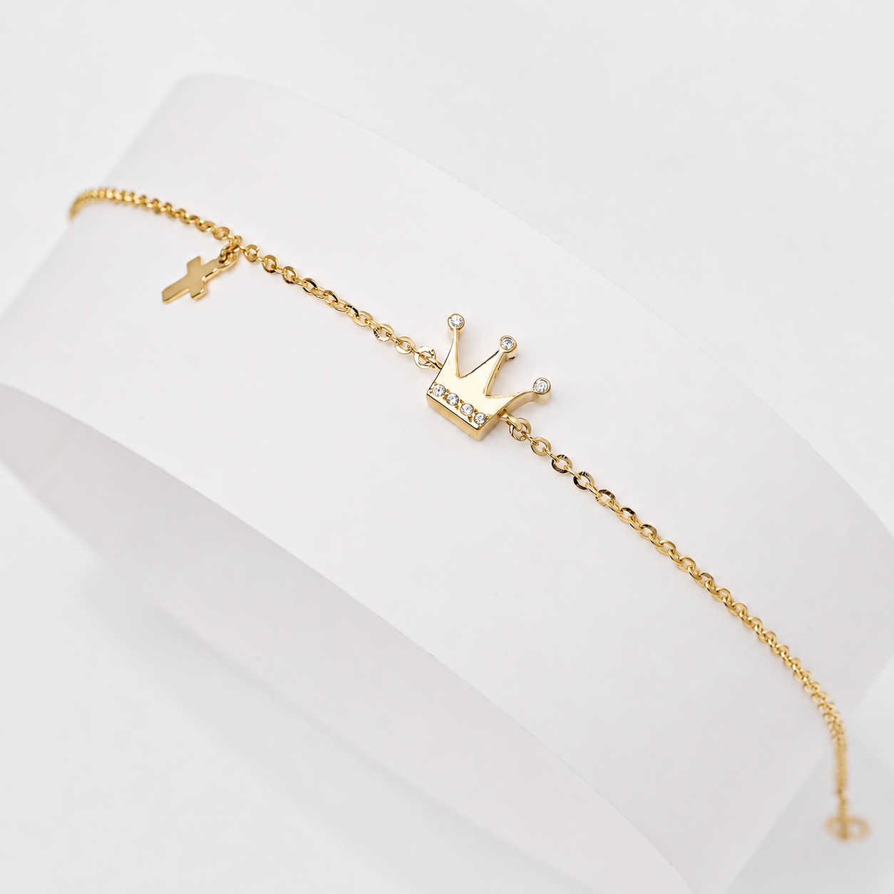 Dainty 14K Gold Crown Bracelet: Cubic Zirconia Charm