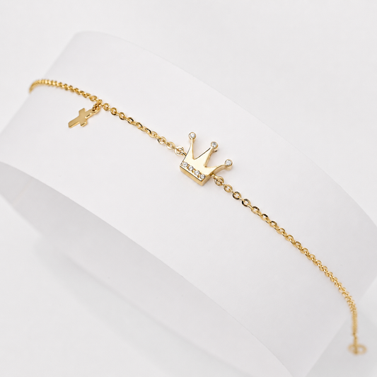 Dainty 14K Gold Crown Bracelet: Cubic Zirconia Charm