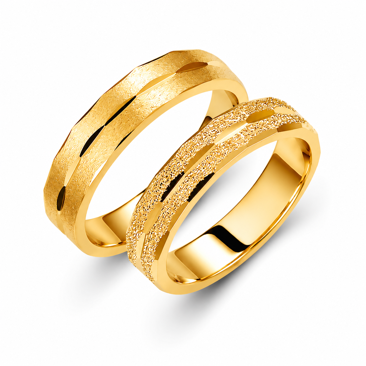 Textured 18k Gold Wedding Band Set: Diamond-Cut His & Hers Rings