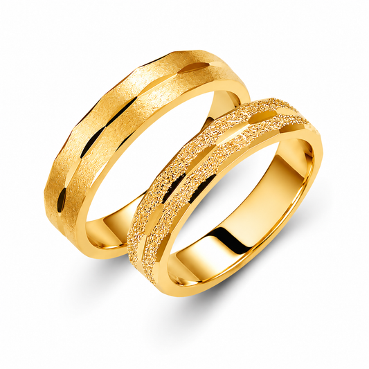 Textured 18k Gold Wedding Band Set: Diamond-Cut His & Hers Rings