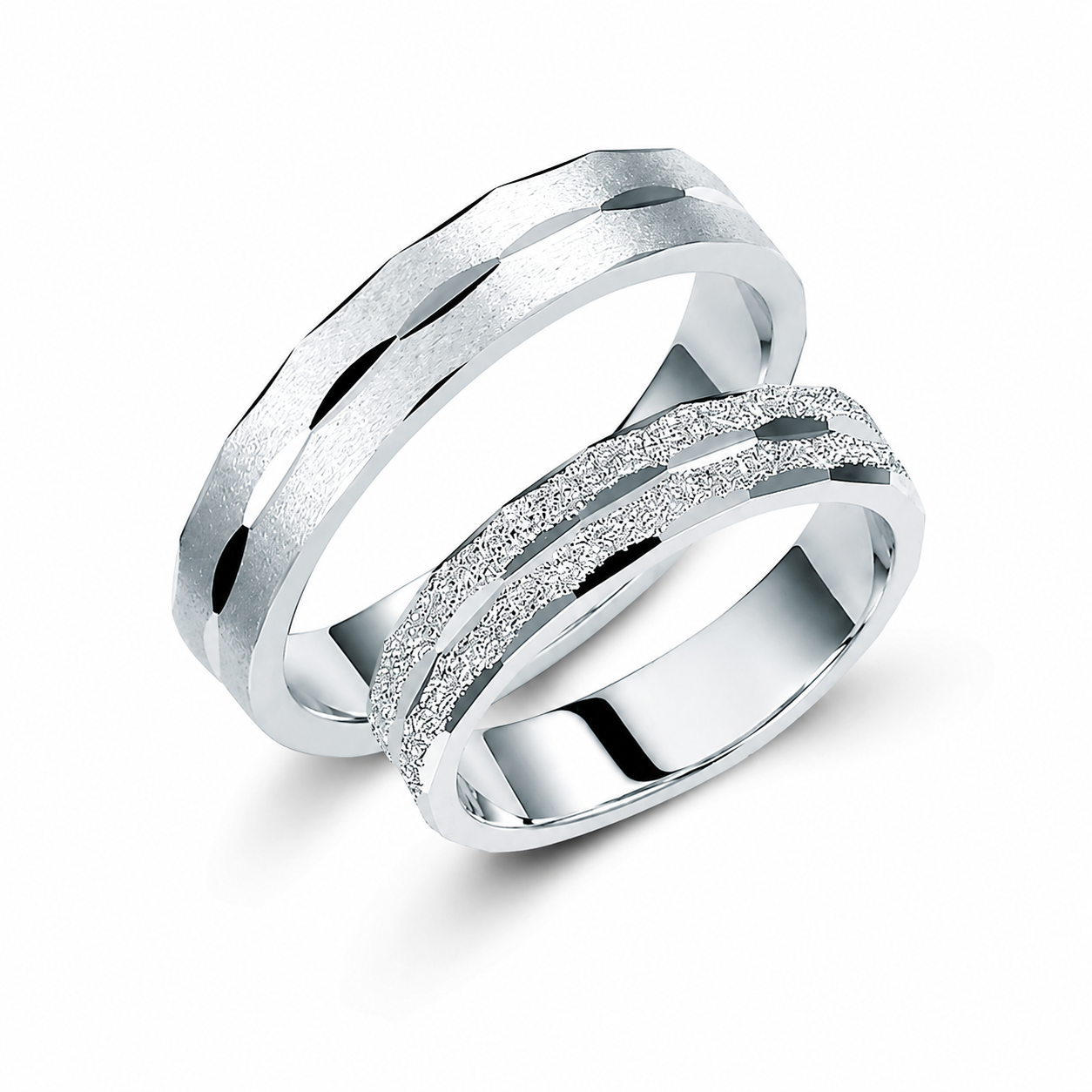 Textured 18k Gold Wedding Band Set: Diamond-Cut His & Hers Rings