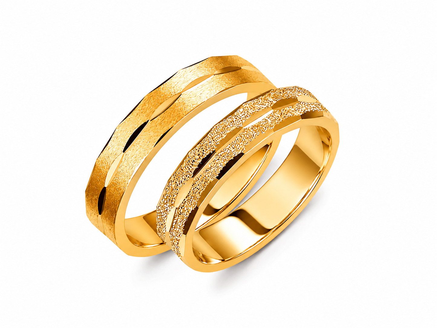 Textured 18k Gold Wedding Band Set: Diamond-Cut His & Hers Rings