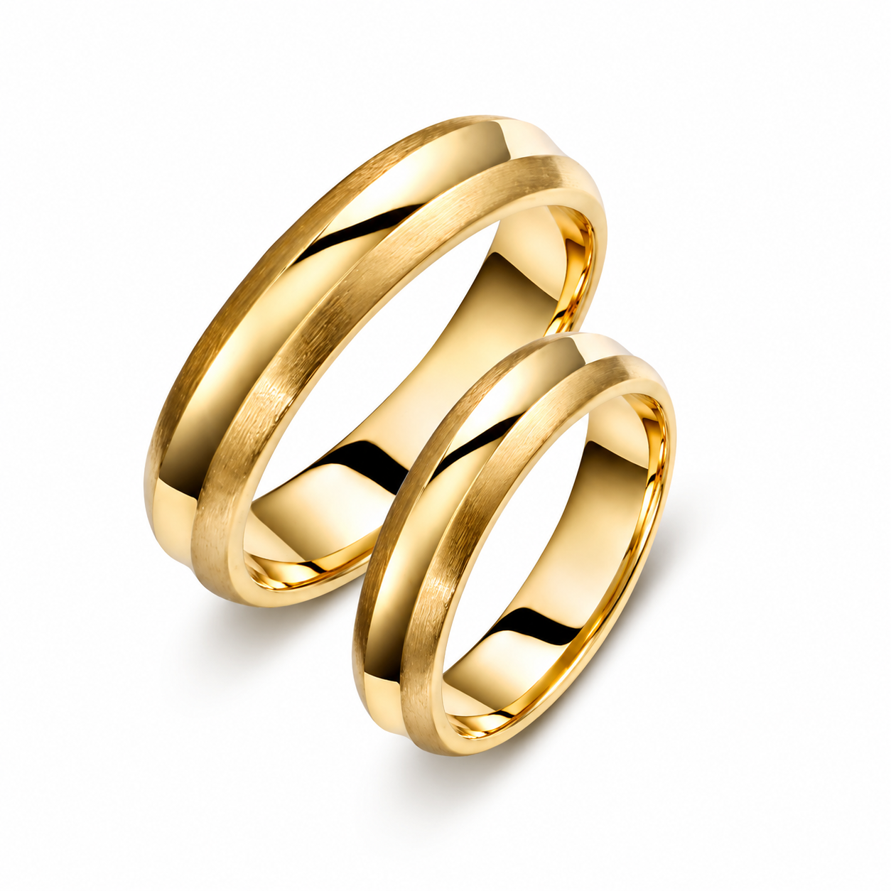 Brushed & Polished 18k Gold Wedding Band Set - Couple Rings