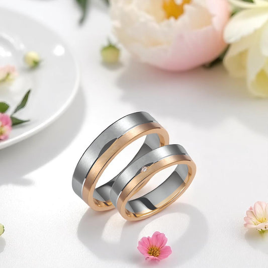 Thick Two-Tone 5mm Wedding Bands Set with a Diamond