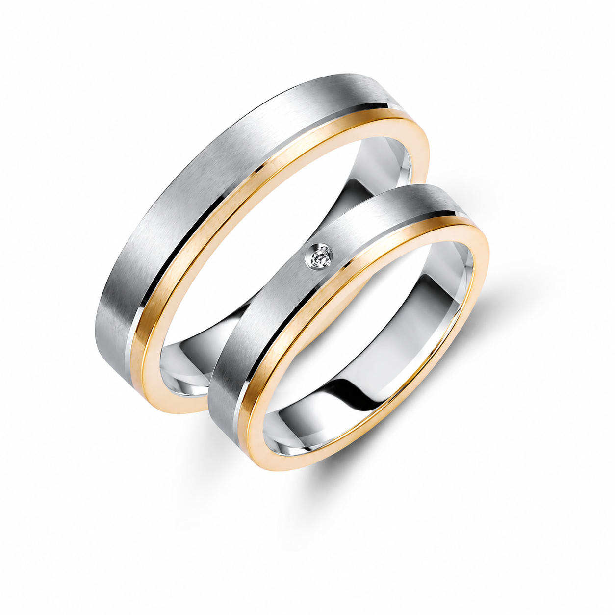 Matte Two-Tone 4mm Wedding Bands Set with a Diamond