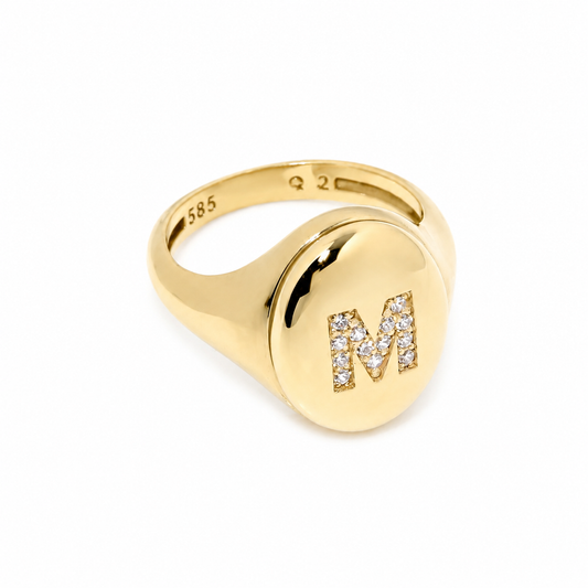 14k Gold Diamond Monogram Signet Ring - Personalized Initial Ring