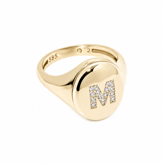 14k Gold Diamond Monogram Signet Ring - Personalized Initial Ring