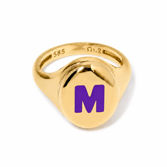 Custom Initial Enamel Signet Ring - 14k Gold Two-Tone Monogram