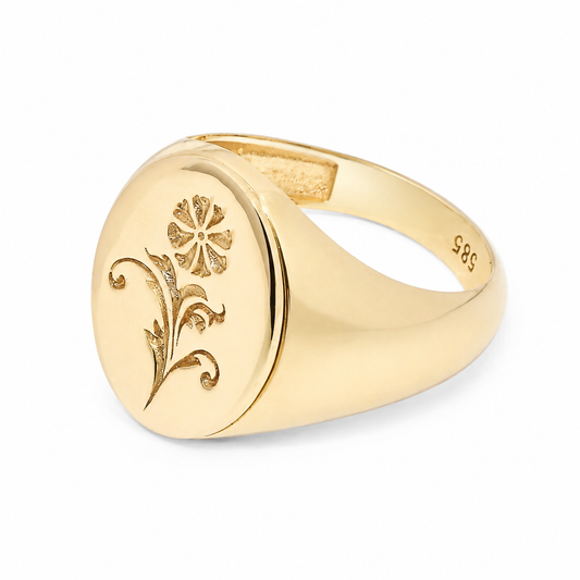 Floral Engraved 14k Gold Signet Ring - Women's Luxury Jewelry