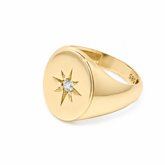 14k Gold Diamond North Star Signet Ring - Polaris Jewelry