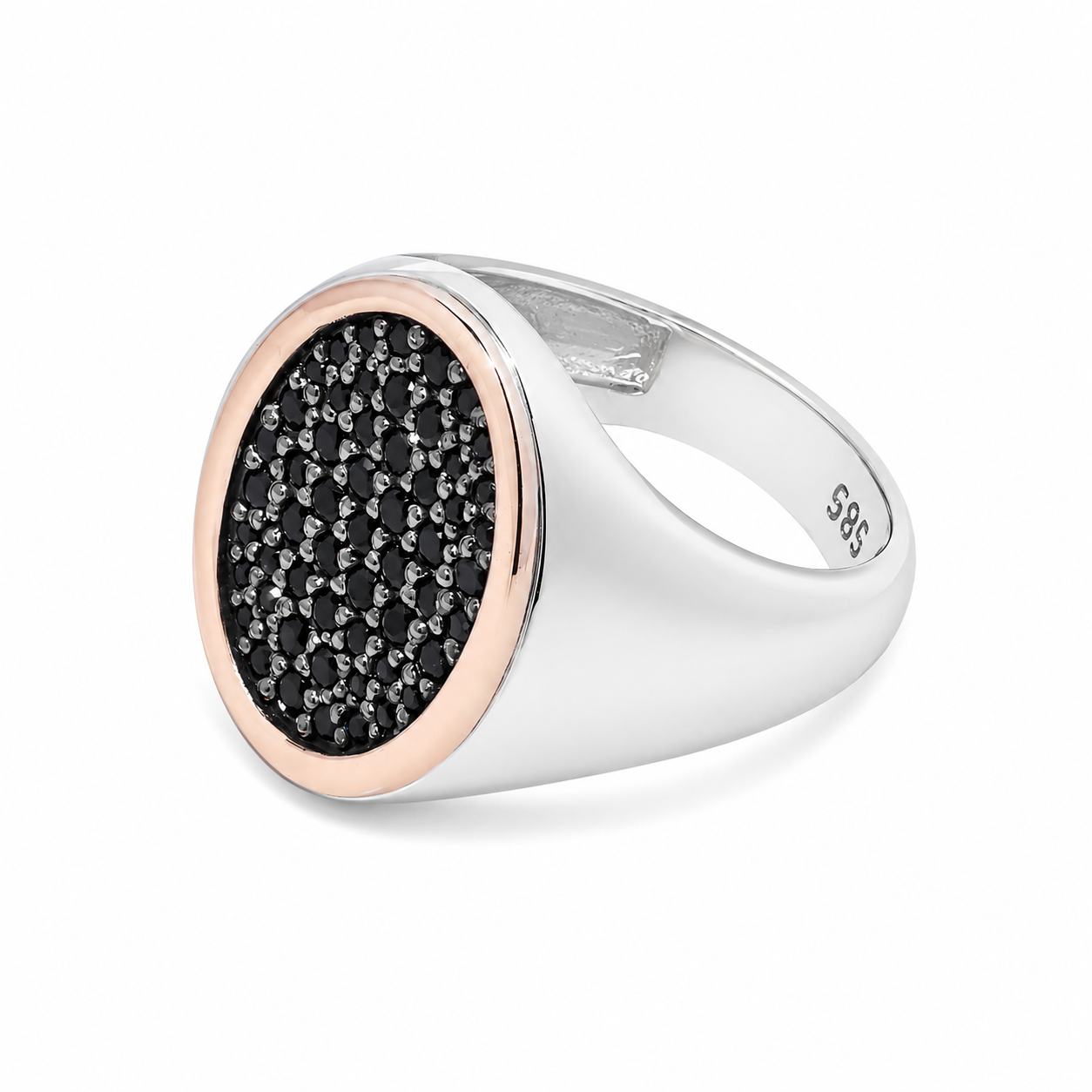 Two-Tone 14K Gold Signet Ring: Black CZ Pave, White & Rose Gold