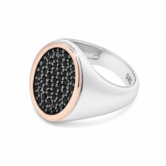 Two-Tone 14K Gold Signet Ring: Black CZ Pave, White & Rose Gold