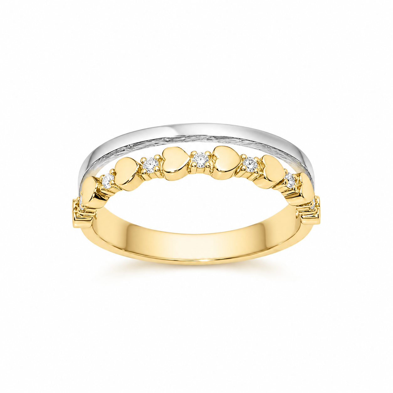 14k Gold Diamond Heart Ring: Two-Tone Double Row Design