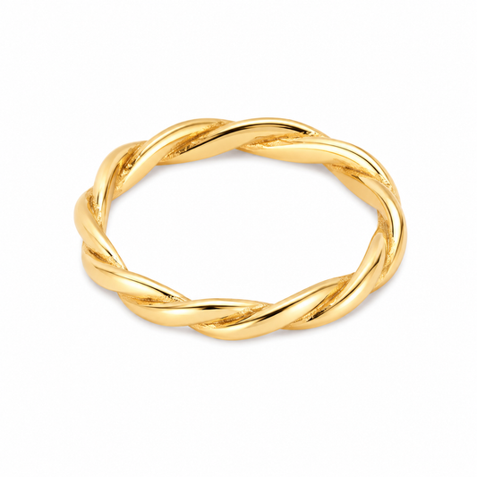 14K Gold twisted ring on a white background