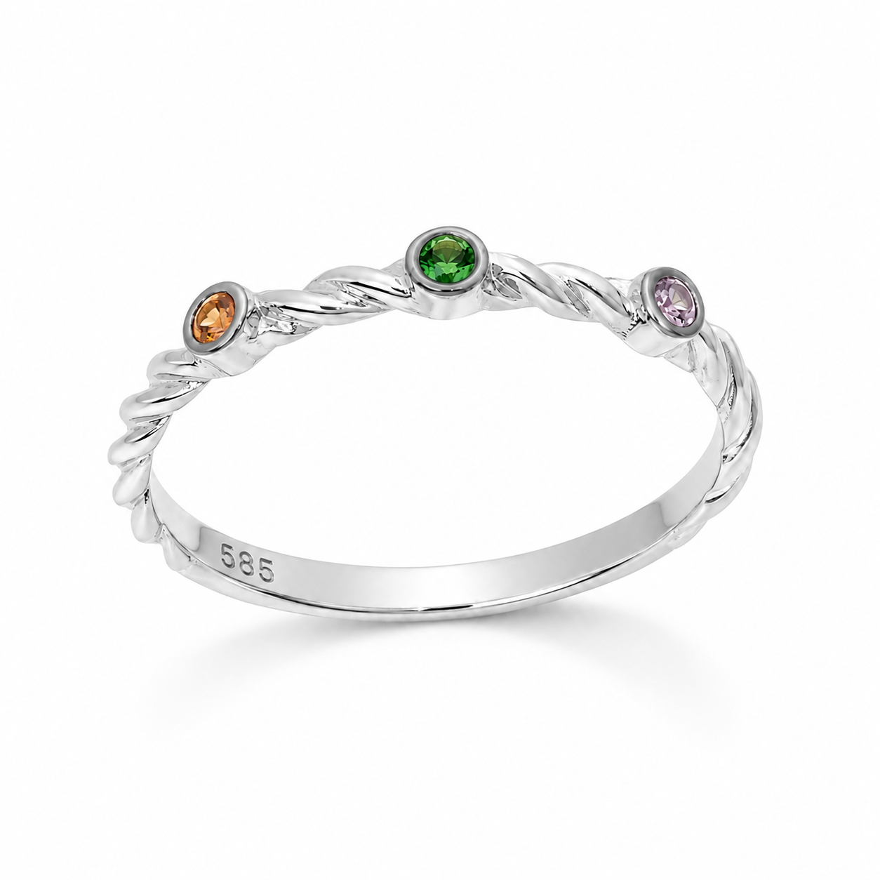14K White Gold ring with three colored gemstones on a white background