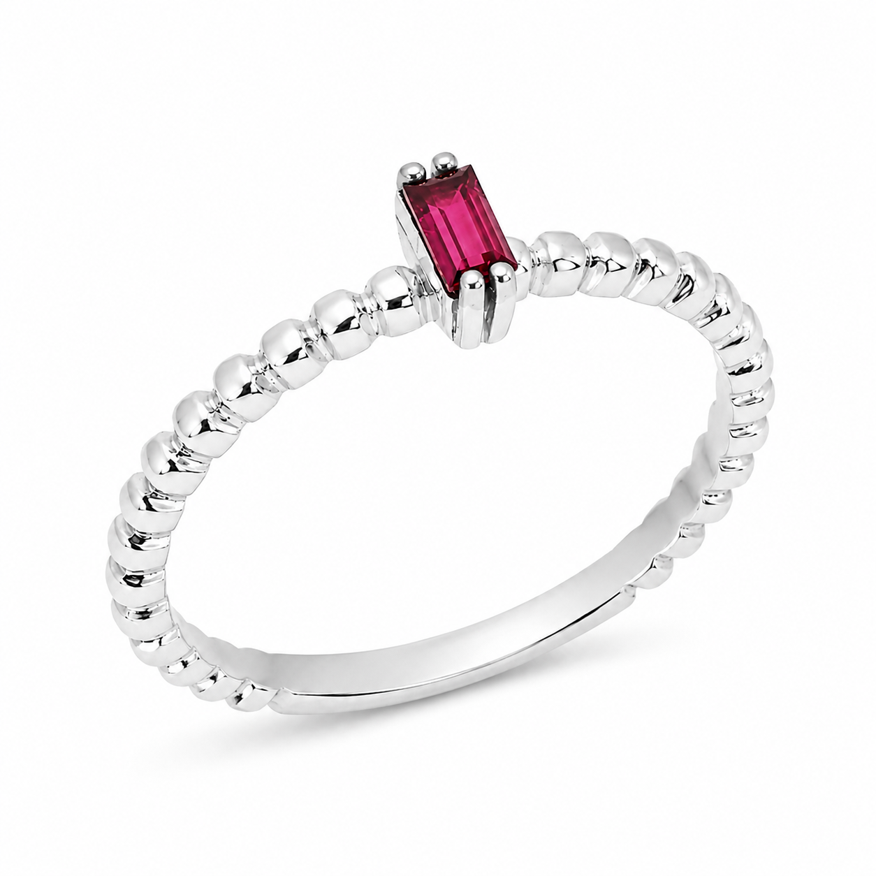 14k white gold beaded ring with a baguette-cut ruby gemstone in a delicate four-prong setting on a polished beaded band