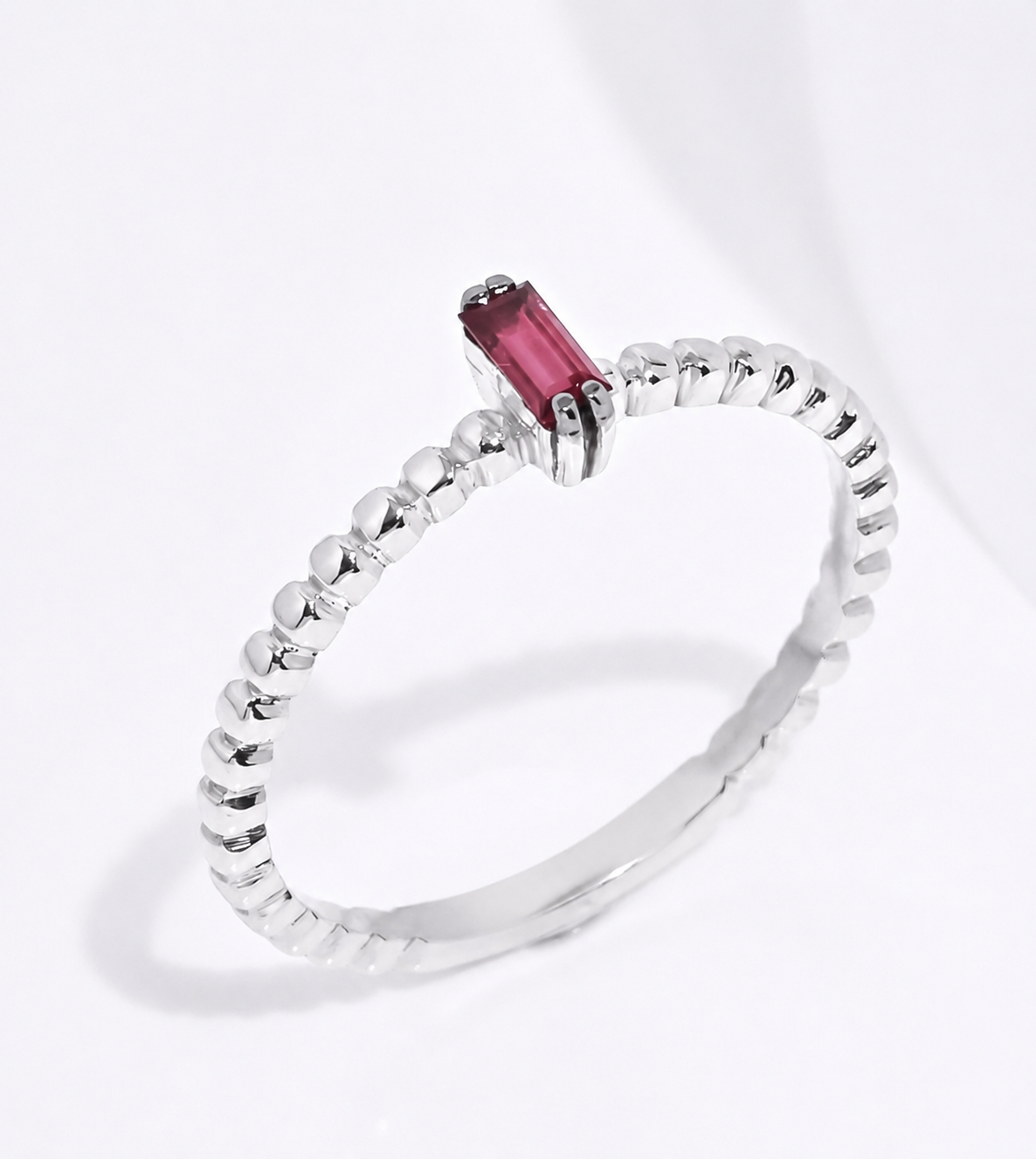 14K Gold Baguette Ruby Ring: Beaded Band, Dainty Stacking Ring