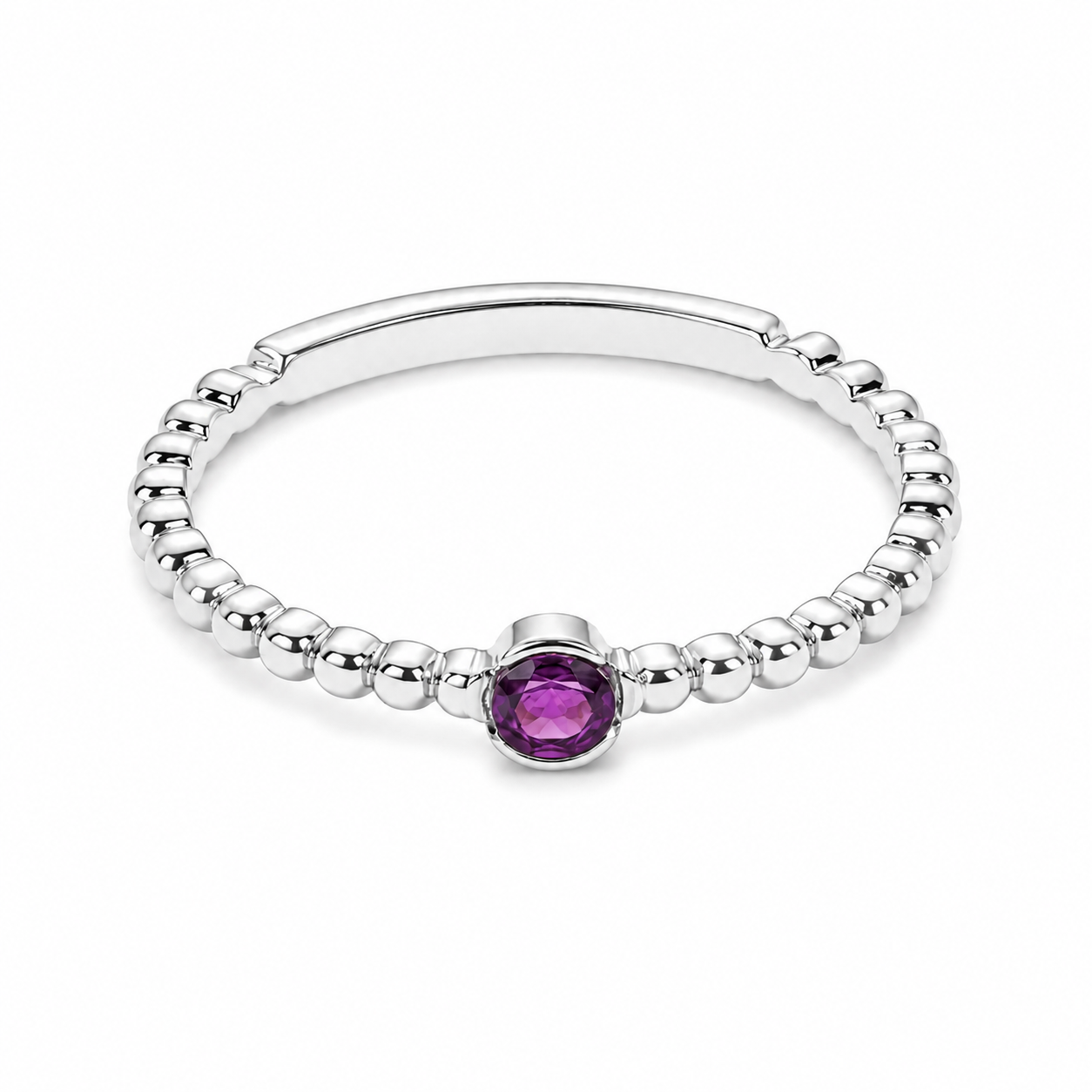 14k white Gold beaded ring with a round ruby gemstone on a white background