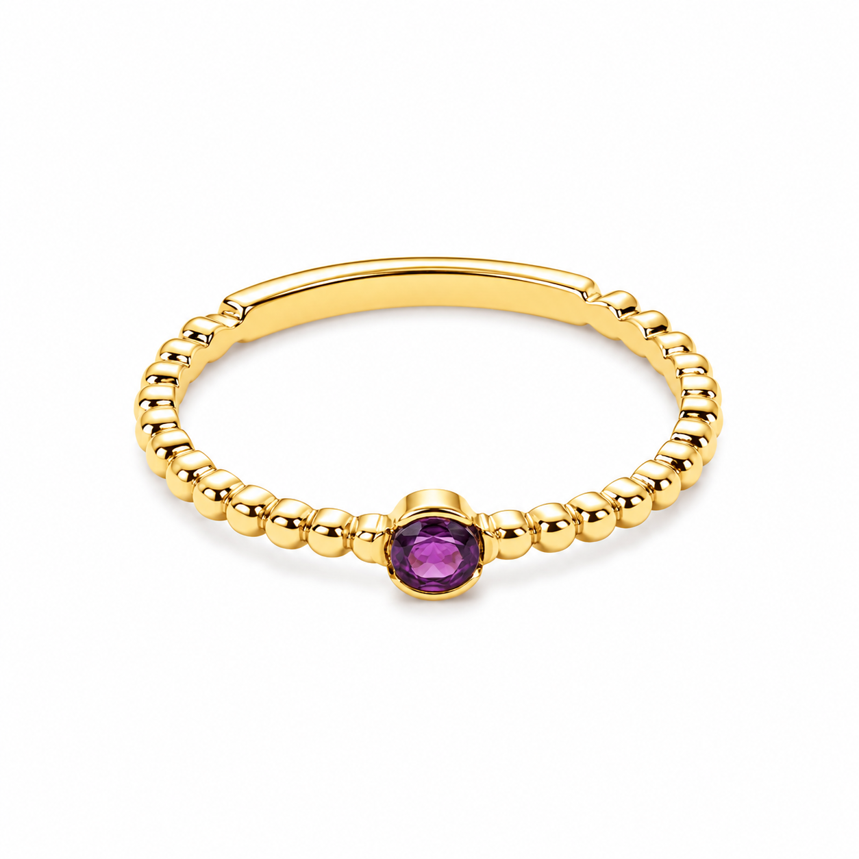 14k Gold beaded ring with a round ruby gemstone on a white background