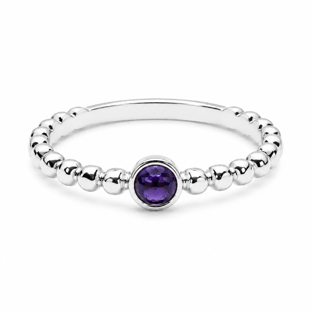 14k white Gold beaded ring with a sapphire gemstone on a white background
