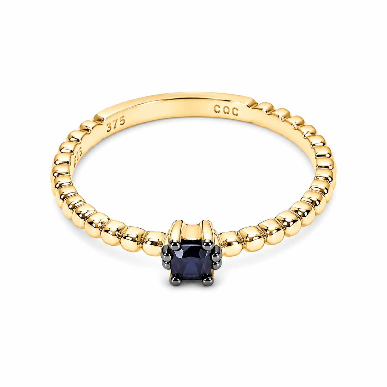 14k Gold beaded ring with a blue sapphire gemstone on a white background